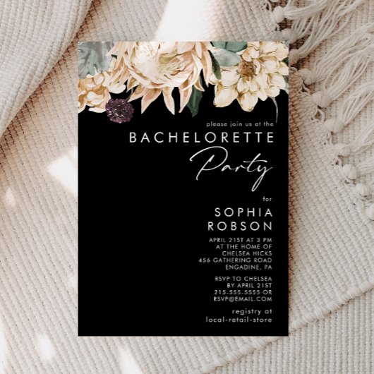 Witte Bloemen | Black Bachelorette Party uitnodigi Kaart