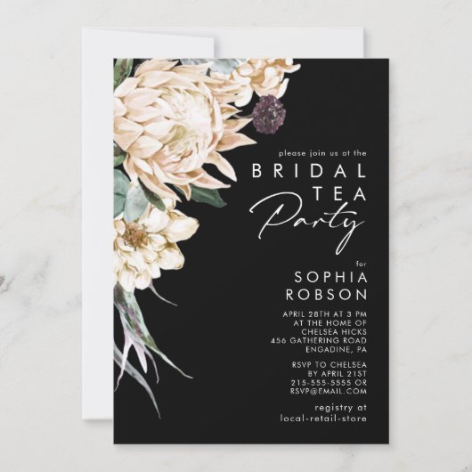 Witte Bloemen | Black Bridal Tea Party uitnodiging (Voorkant)