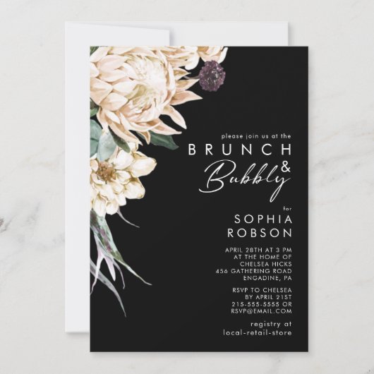 Witte Bloemen | Black Brunch en Bubbly Kaart (Voorkant)