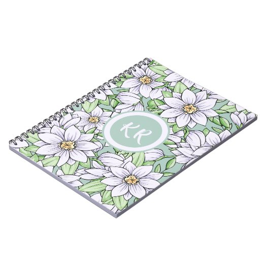  witte bloemen bladeren Monogram Notitieboek (Linkerzijde)
