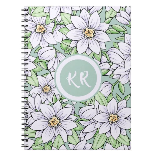  witte bloemen bladeren Monogram Notitieboek (Voorkant)