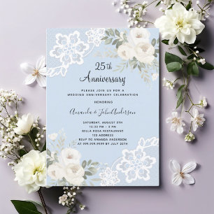 Witte bloemen blauw 25-jarig huwelijksjubileum kaart