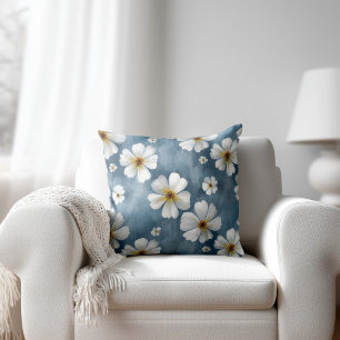 Witte Bloemen Blauw Kussen