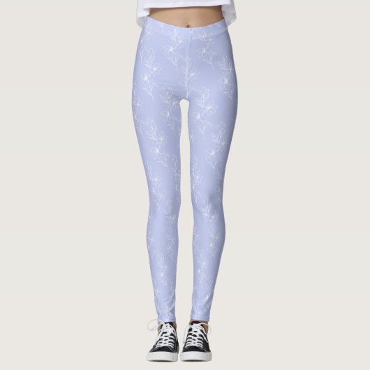 Witte Bloemen Blauwe Achtergrond Leggings (Voorkant)