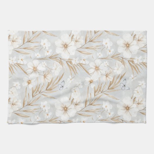 Witte Bloemen Blauwe Vlinders Bruidsshowers Theedoek (Horizontaal)