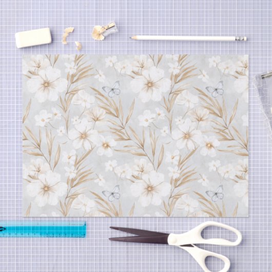 Witte Bloemen Blauwe Vlinders Bruiloft Tissuepapier (Craft)