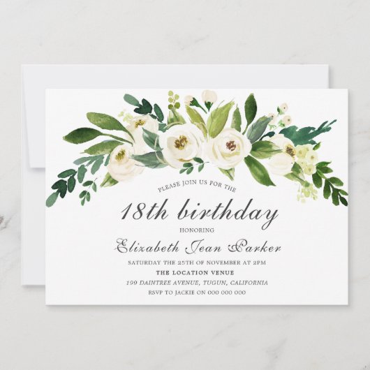 Witte bloemen bloeiend 18e verjaardagsfeest uitnod kaart (Voorkant)
