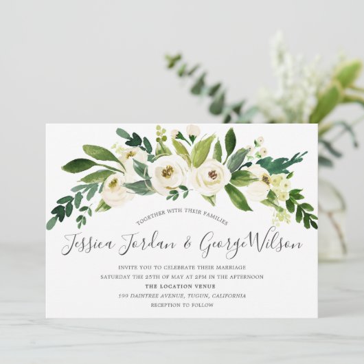 Witte Bloemen Bloeiende Trouw Uitnodiging (Staand voorkant)