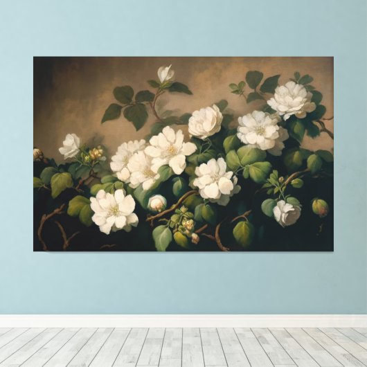 Witte bloemen, Bloemenkunst, Bloemen Canvas Print (Insitu (Houten vloer))