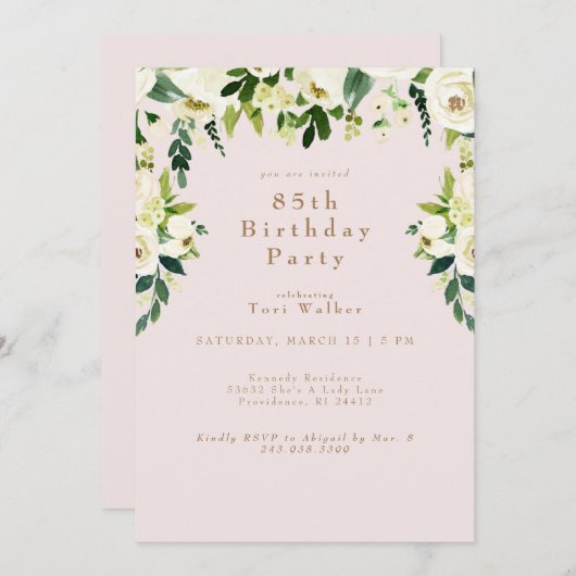 Witte Bloemen Blush 85ste Verjaardag Party Uitnodi Kaart (Voorkant / Achterkant)