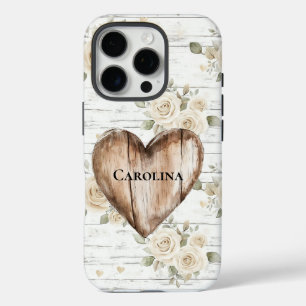 Witte Bloemen Boho Faux Hout Hart iPhone 16 Pro Hoesje