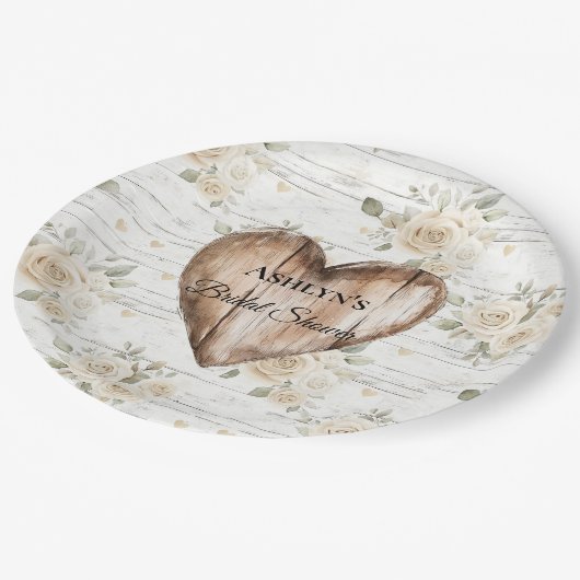 Witte Bloemen Boho Faux Hout Hart Vrijgezellenfees Papieren Bordje (Gekanteld)