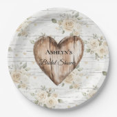 Witte Bloemen Boho Faux Hout Hart Vrijgezellenfees Papieren Bordje (Voorkant)