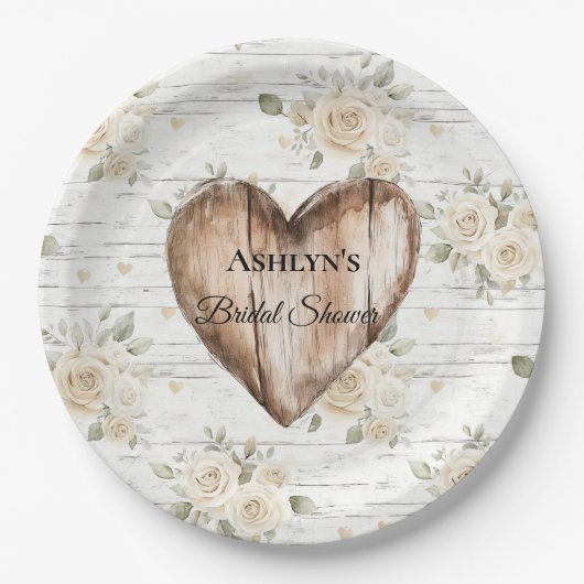 Witte Bloemen Boho Faux Hout Hart Vrijgezellenfees Papieren Bordje (Voorkant)