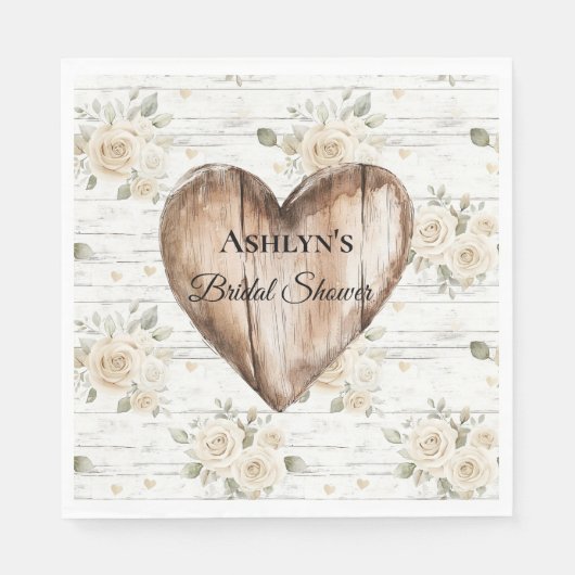 Witte Bloemen Boho Faux Hout Hart Vrijgezellenfees Servet (Voorkant)