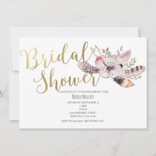 Witte Bloemen Boho Gouden Bruids Douche Uitnodigin Kaart (Voorkant)