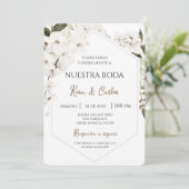 Witte Bloemen Boho Spaanse bruiloft uitnodiging (Staand voorkant)