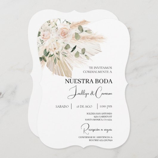 Witte Bloemen Boho Spaanse bruiloft uitnodiging (Voorkant / Achterkant)