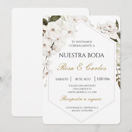 Witte Bloemen Boho Spaanse bruiloft uitnodiging (Voorkant / Achterkant)