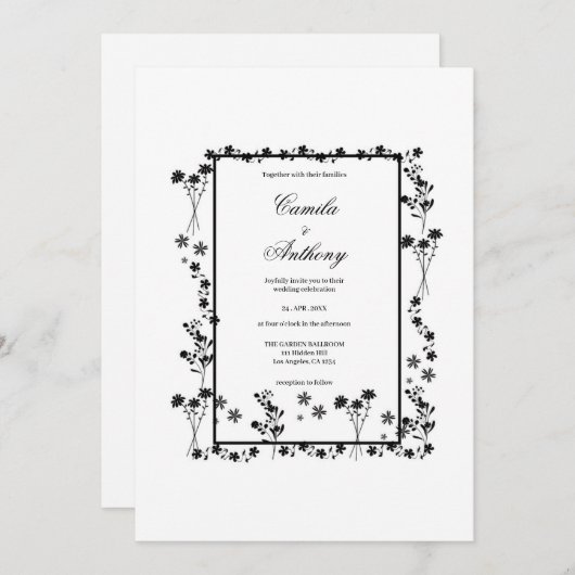 Witte Bloemen Border Bruiloft Kaart (Voorkant / Achterkant)