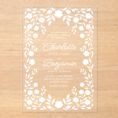 Witte Bloemen Border Wedding Acryl Uitnodigingen (Voorkant)