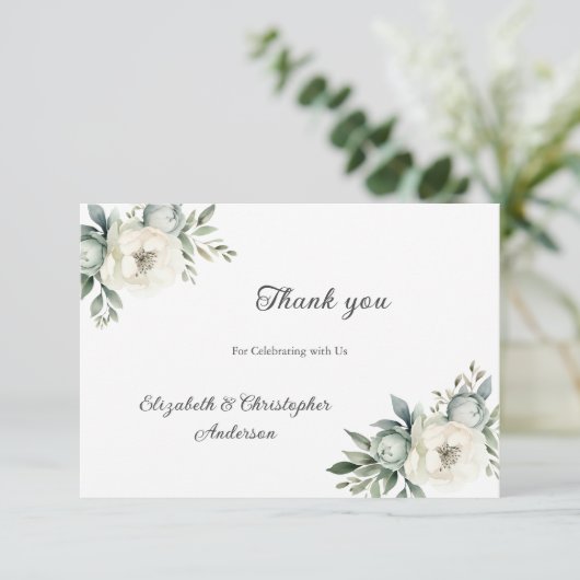 Witte Bloemen Botanische Bloemen Groen Bruiloft Bedankkaart (Staand voorkant)