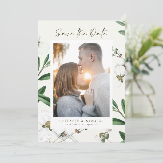 witte bloemen Botanische foto Save The Date (Staand voorkant)
