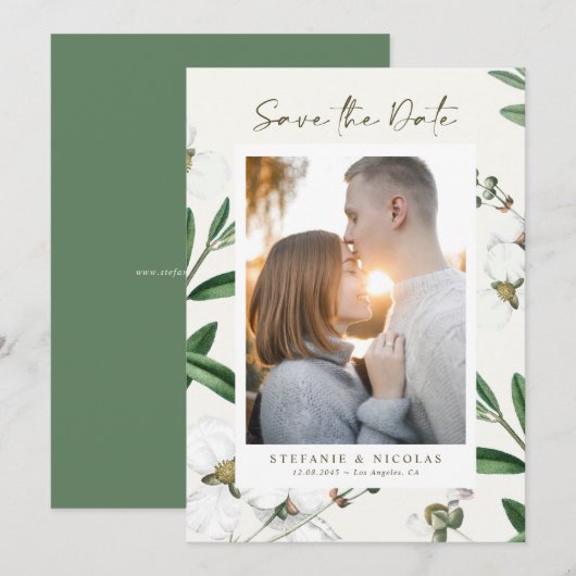 witte bloemen Botanische foto Save The Date (Voorkant / Achterkant)