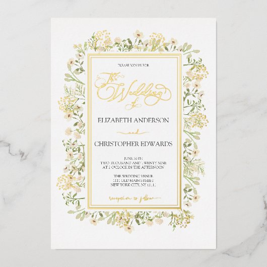 Witte bloemen botanische wilde bloemen die goud bi folie uitnodiging (Voorkant)