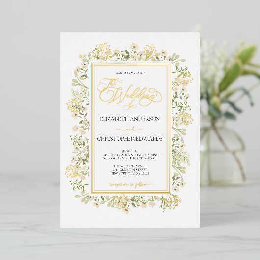 Witte bloemen botanische wilde bloemen die goud bi folie uitnodiging (Staand Voorkant)