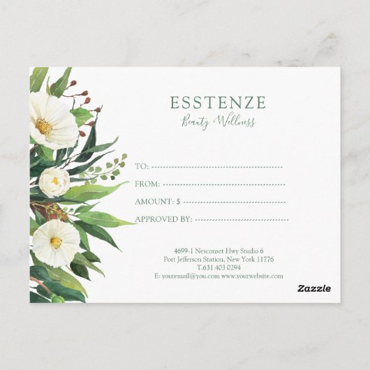 Witte bloemen bou Cadeaubon Design Briefkaart (Achterkant)