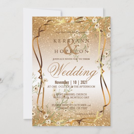 Witte Bloemen Branch en Gouden Glitter Kaart (Voorkant)