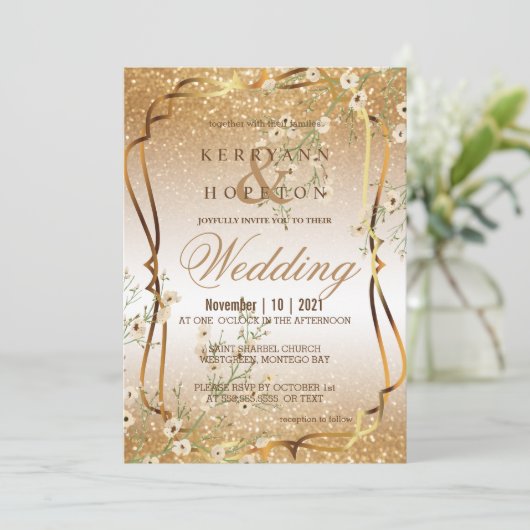 Witte Bloemen Branch en Gouden Glitter Kaart (Staand voorkant)