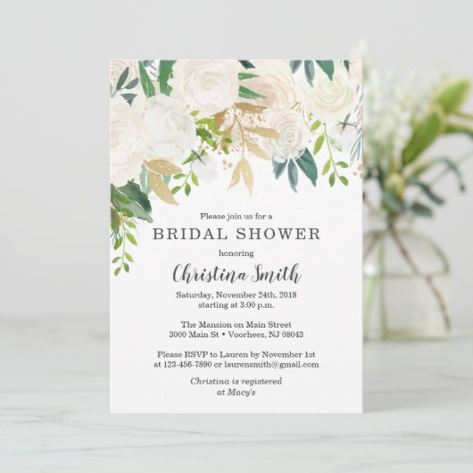 Witte Bloemen Bruids Douche Uitnodigingen met Groe (Staand voorkant)