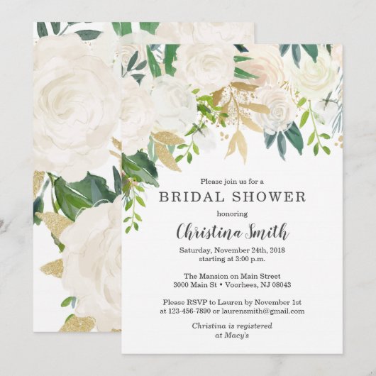 Witte Bloemen Bruids Douche Uitnodigingen met Groe (Voorkant / Achterkant)