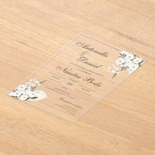 Witte Bloemen bruiloft acryl uitnodiging Spaans (Laagn)