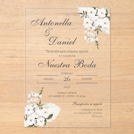 Witte Bloemen bruiloft acryl uitnodiging Spaans (Voorkant)
