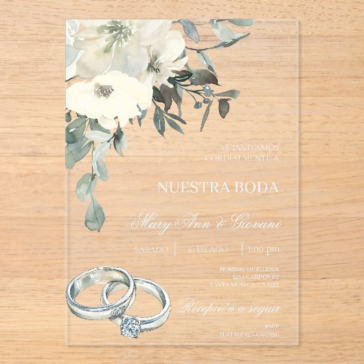 Witte Bloemen bruiloft Acryl Uitnodigingen (Voorkant)