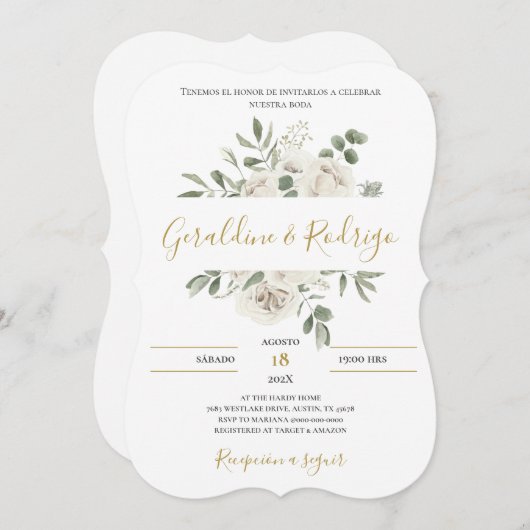 Witte Bloemen Bruiloft in het Spaans Kaart (Voorkant / Achterkant)