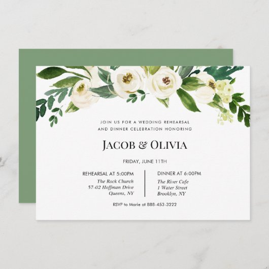 Witte Bloemen bruiloft repetitie diner uitnodiging (Voorkant / Achterkant)