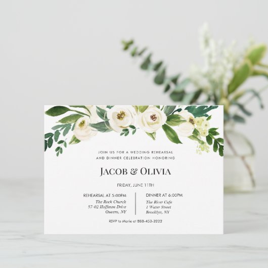 Witte Bloemen bruiloft repetitie diner uitnodiging (Staand voorkant)