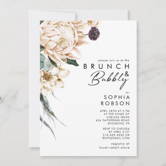 Witte Bloemen Brunch en Bubble Uitnodiging (Voorkant)
