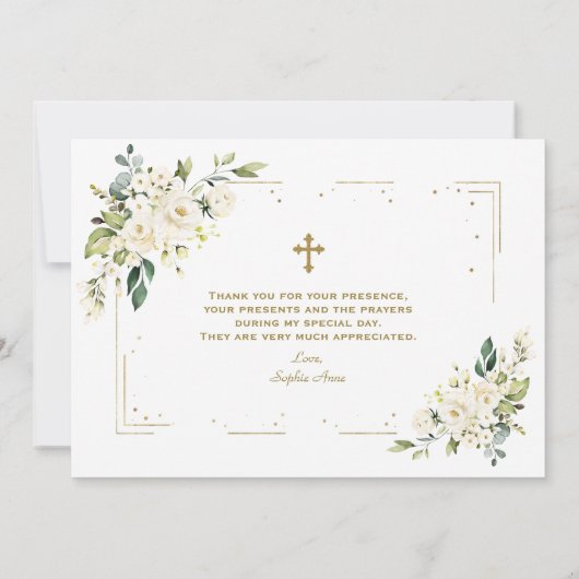 Witte Bloemen Calligraphy Meisje Foto Doop Bedankkaart (Achterkant)