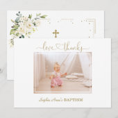 Witte Bloemen Calligraphy Meisje Foto Doop Bedankkaart (Voorkant / Achterkant)