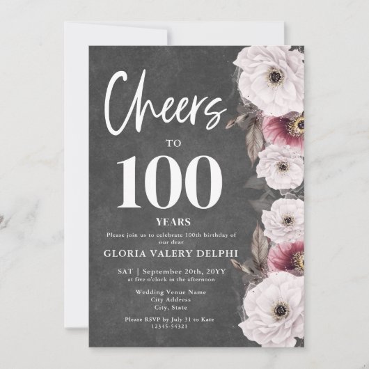 Witte Bloemen Chalkboard Proost op 100e verjaardag Kaart (Voorkant)