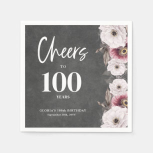 Witte Bloemen Chalkboard Proost op 100e verjaardag Servet