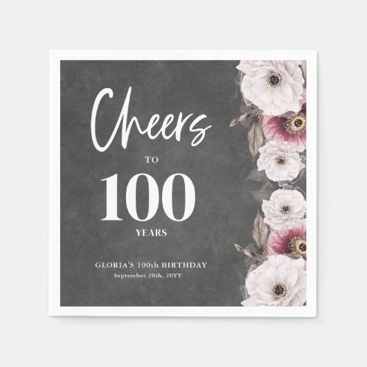 Witte Bloemen Chalkboard Proost op 100e verjaardag Servet (Voorkant)