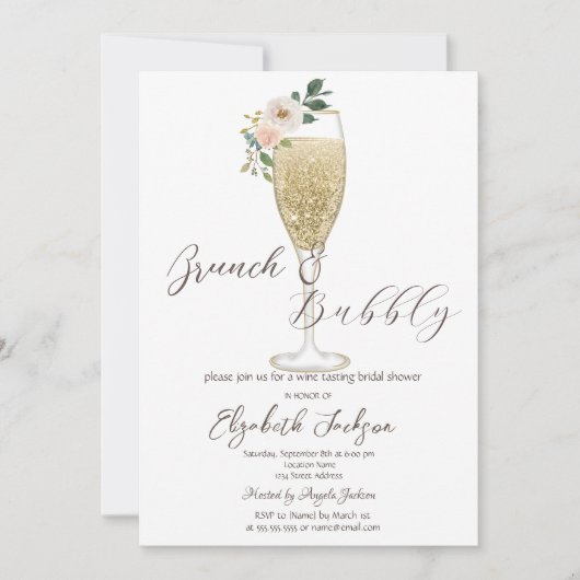 Witte Bloemen Champagne Glas Brunch & Bubble Kaart (Voorkant)
