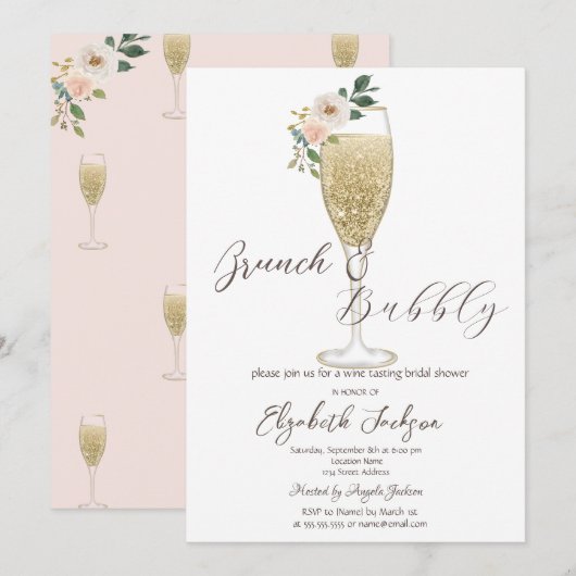 Witte Bloemen Champagne Glas Brunch & Bubble Kaart (Voorkant / Achterkant)