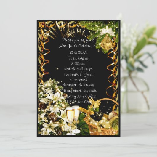 Witte Bloemen Champagne Nieuwjaar Uitnodiging (Staand voorkant)